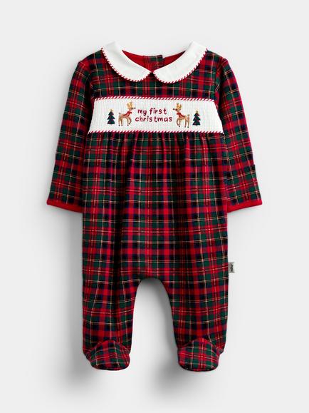 JoJo Maman Bébé Baby Christmas Smocked Tartan Sleepsuit, Red, Red