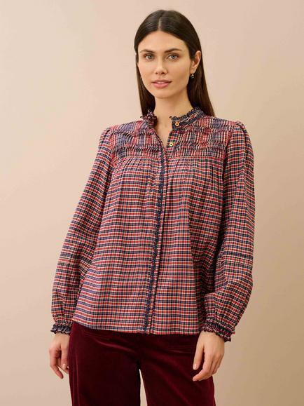 Brora Smocked Mini Check Shirt, Ruby/Navy, Ruby/Navy