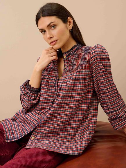 Brora Smocked Mini Check Shirt, Ruby/Navy - view 2, Ruby/Navy