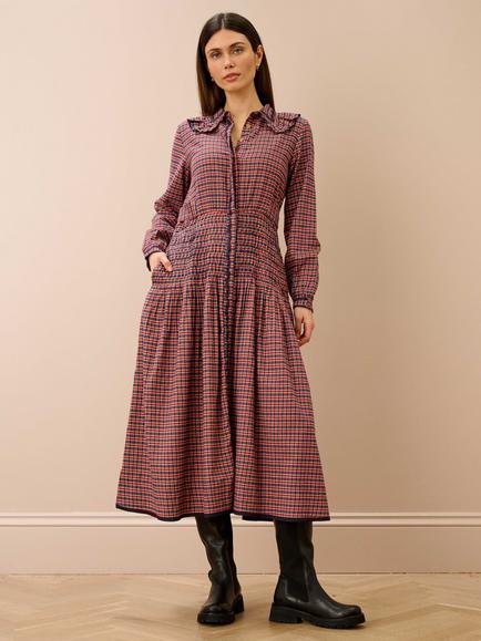 Brora Pilgrim Collar Mini Check Dress, Ruby/Navy, Ruby/Navy