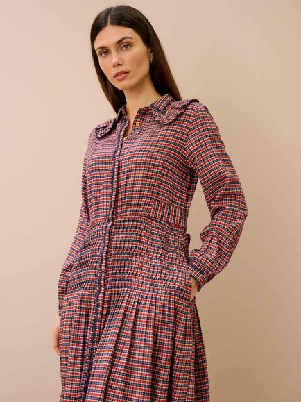 Brora Pilgrim Collar Mini Check Dress, Ruby/Navy - view 2, Ruby/Navy