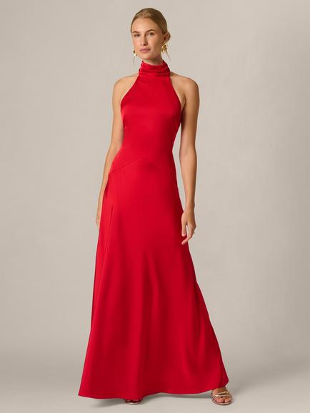 Adrianna Papell Stretch Satin Halterneck Dress, Red, Red