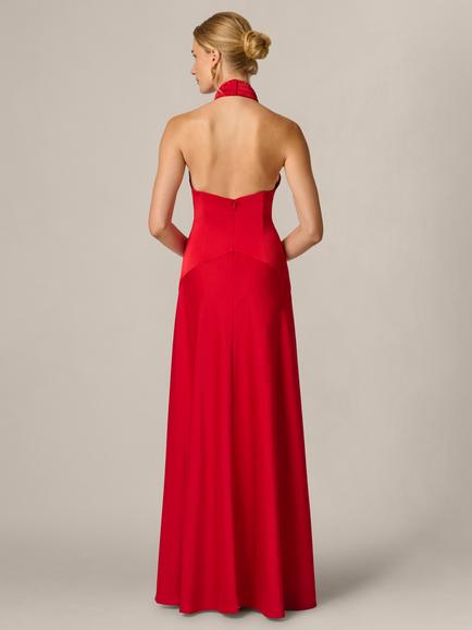 Adrianna Papell Stretch Satin Halterneck Dress, Red - view 2, Red
