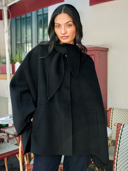 Ro&Zo Hooded Wool Blend Cape, Black, Black