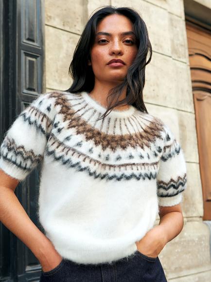 Ro&Zo Fair Isle Short Sleeve Mohair Blend Top, White, White