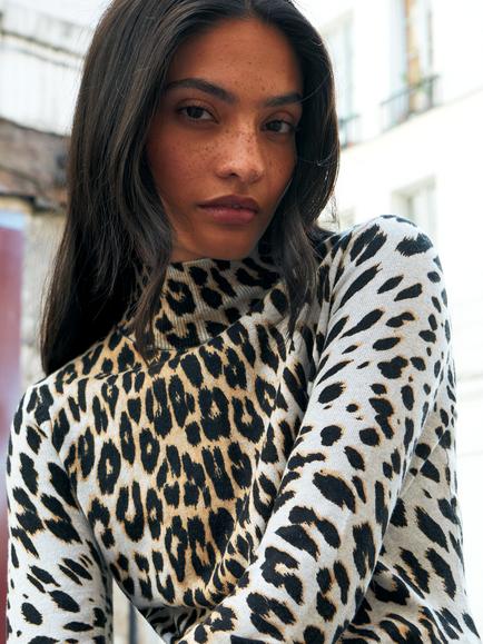 Ro&Zo Leopard Print Turtle Neck Jersey Top, Multi - view 2, Multi