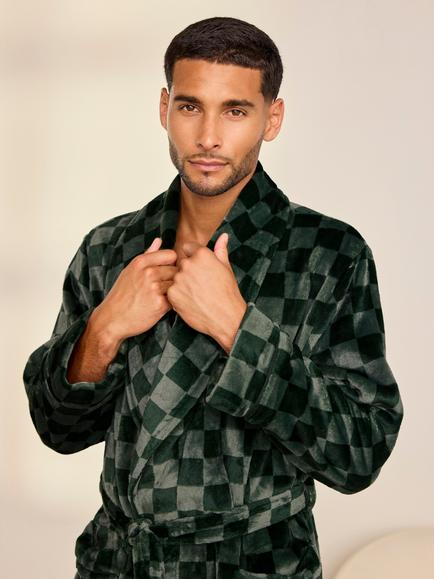 Chelsea Peers Checkerboard Dressing Gown, Khaki - view 2, Khaki