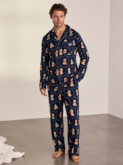 Chelsea Peers Christmas Chip the Cockapoo Portraits Print Pyjamas, Navy/Multi, Navy/Multi