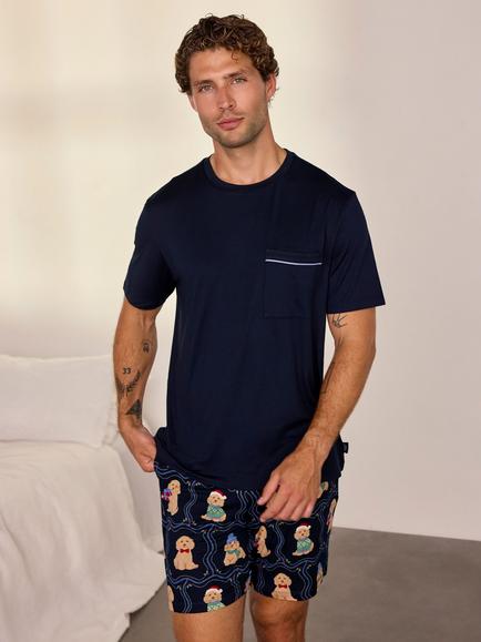 Chelsea Peers Christmas Chip the Cockapoo Portraits Print Short Pyjamas, Navy, Navy