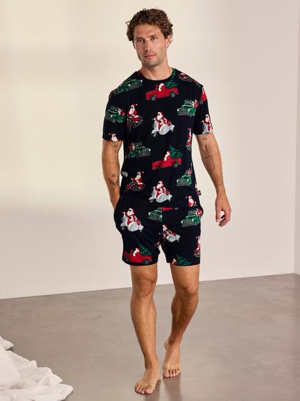 Chelsea Peers Christmas Santa Road Trip Print Short Pyjama Set, Navy/Multi, Navy/Multi