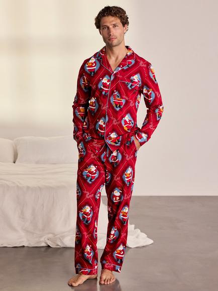 Chelsea Peers Organic Cotton Christmas Santa Songbook Print Long Pyjamas, Red, Red/Multi