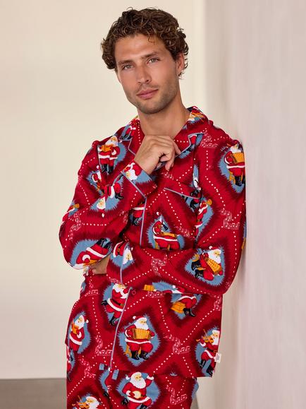 Chelsea Peers Organic Cotton Christmas Santa Songbook Print Long Pyjamas, Red - view 2, Red/Multi