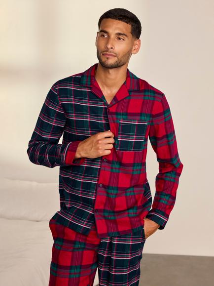 Chelsea Peers Organic Cotton Contrast Tartan Long Pyjamas, Multi - view 2, Multi