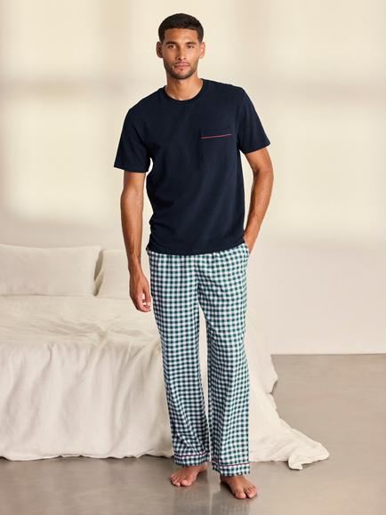 Chelsea Peers Organic Cotton Gingham Long Pyjamas, Green/White, Green/White