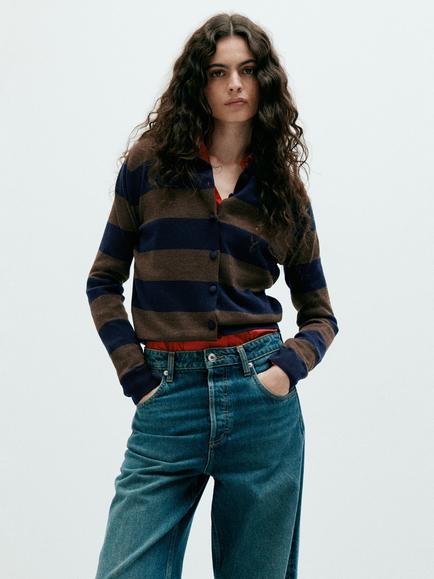 Mango Fine Knit Stripe Collared Cardigan, Brown, Brown
