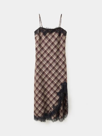 Mango Check Lace Trim Midi Slip Dress, Beige, Beige