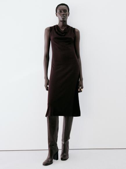 Mango Draped Cowl Neck Sleeveless Knit Midi Dress, Bordeaux
