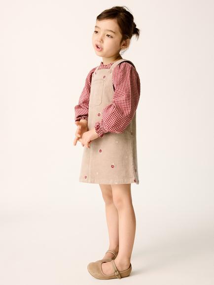 Mango Kids' Corduroy Floral Pinafore Dress, Brown, Brown