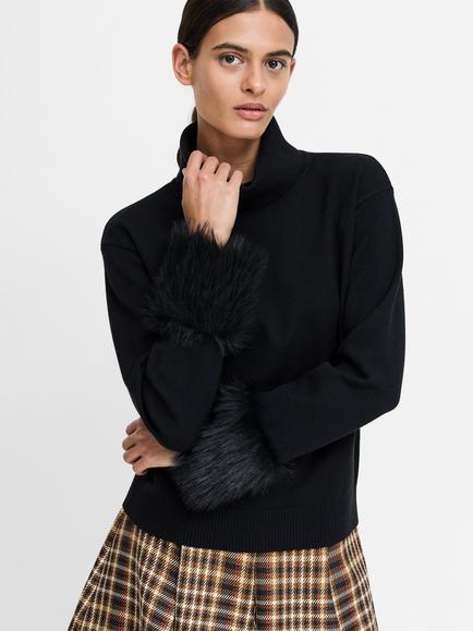 French Connection Moana Faux Fur Cuff Roll Neck Jumper, Black