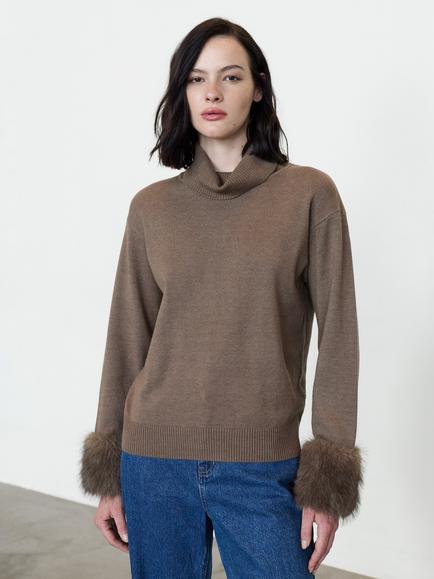 French Connection Moana Faux Fur Cuff Roll Neck Jumper, Mink Brown, Mink Brown