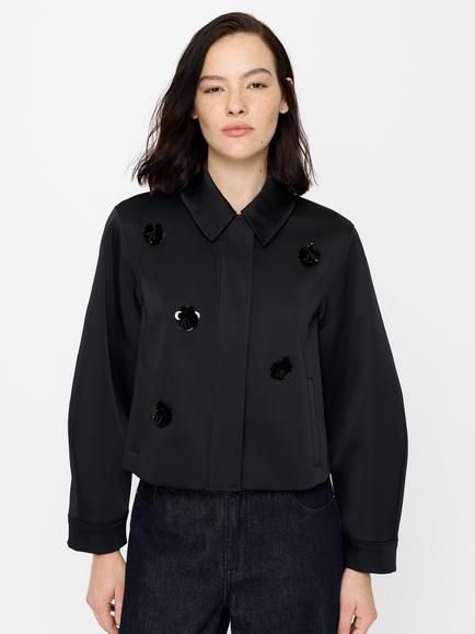 French Connection Celia Floral Sequin Embellished Satin Jacket, Black, Black