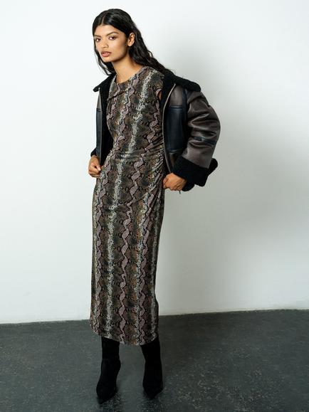 French Connection Lola Snakeskin Mesh Midi Dress, Black/Multi, Black/Multi