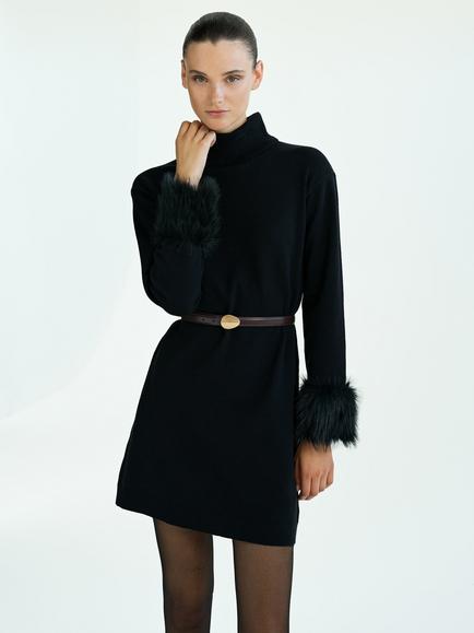 French Connection Moana Faux Fur Cuff Knit Mini Dress, Black, Black