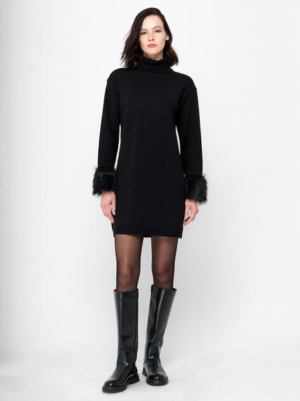 French Connection Moana Faux Fur Cuff Knit Mini Dress, Black - view 2, Black