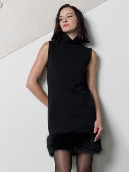 French Connection Moana Faux Fur Hem Sleeveless Knit Mini Dress, Black, Black