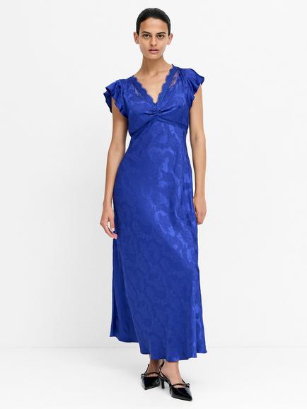 French Connection Skylar Satin Lace Mix Fluted Sleeve Midi Dress, Cobalt Blue, Cobalt Blue