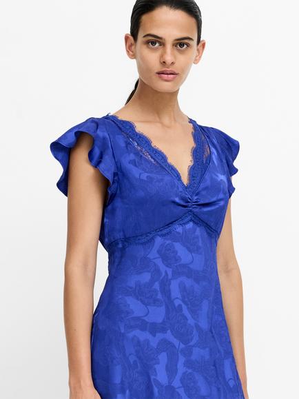 French Connection Skylar Satin Lace Mix Fluted Sleeve Midi Dress, Cobalt Blue - view 2, Cobalt Blue