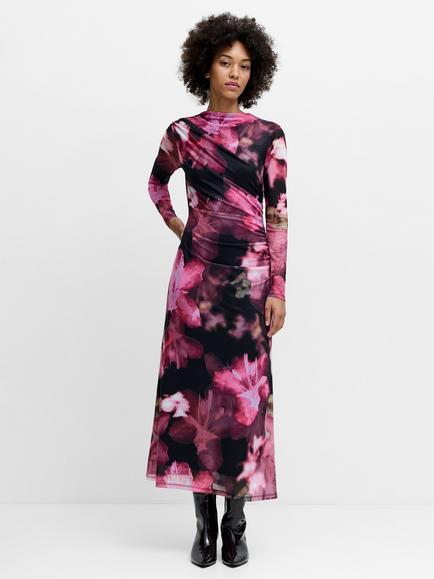 French Connection Talluah Floral Ruched Mesh Midi Dress, Black/Multi, Black/Multi