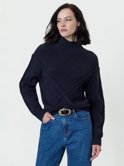 French Connection Ardea Cross Detail Funnel Neck Jumper, Midnight Blue, Midnight Blue