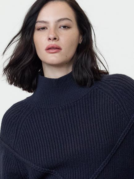 French Connection Ardea Cross Detail Funnel Neck Jumper, Midnight Blue - view 2, Midnight Blue