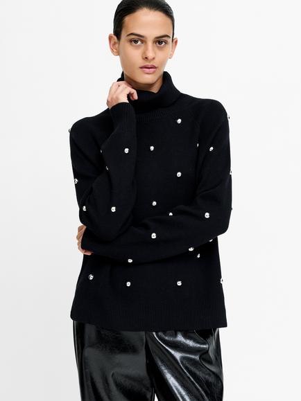 French Connection Elna Studded Roll Neck Jumper, Black, Black