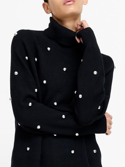 French Connection Elna Studded Roll Neck Jumper, Black - view 2, Black