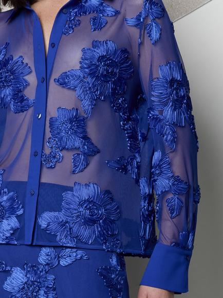 French Connection Lalitha 3D Floral Sheer Long Sleeve Shirt, Cobalt Blue - view 2, Cobalt Blue