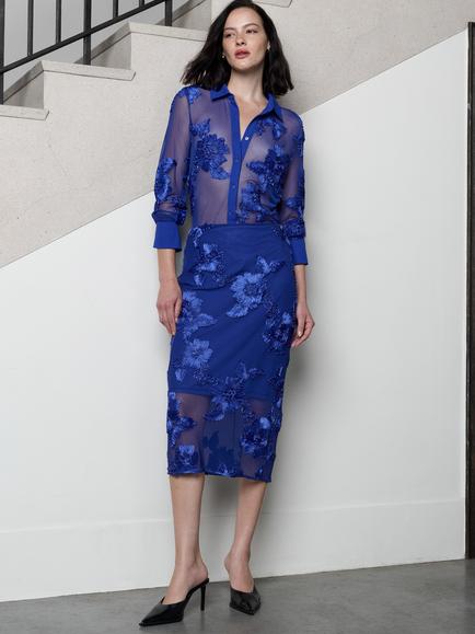 French Connection Lalitha 3D Floral Sheer Midi Skirt, Cobalt Blue, Cobalt Blue