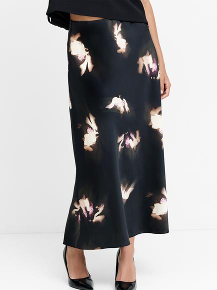 French Connection Paloma Floral Satin Midi Skirt, Black/Multi - view 2, Black/Multi