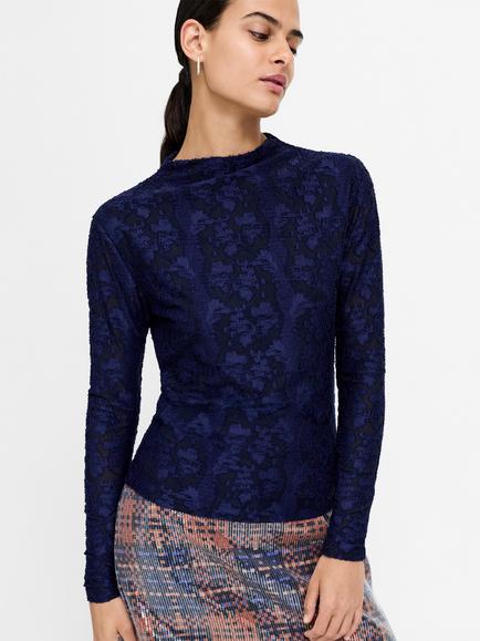 French Connection Leslie High Neck Floral Mesh Top, Midnight Blue, Midnight Blue