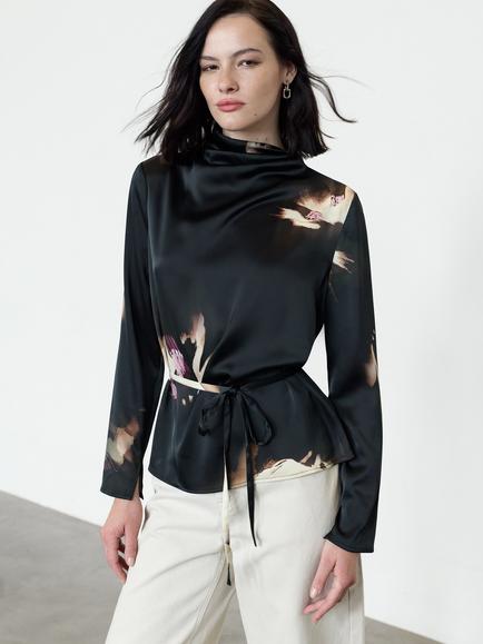 French Connection Paloma Floral Tie Waist Top, Black/Multi, Black/Multi