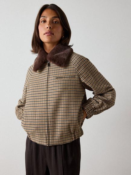 Whistles Faux Fur Collar Check Bomber Jacket, Brown/Multi, Brown