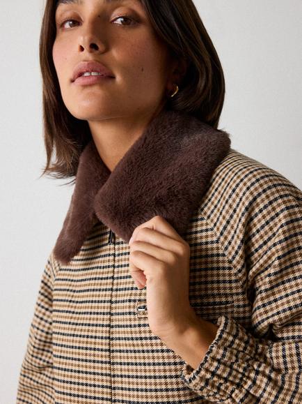 Whistles Faux Fur Collar Check Bomber Jacket, Brown/Multi - view 2, Brown/Multi