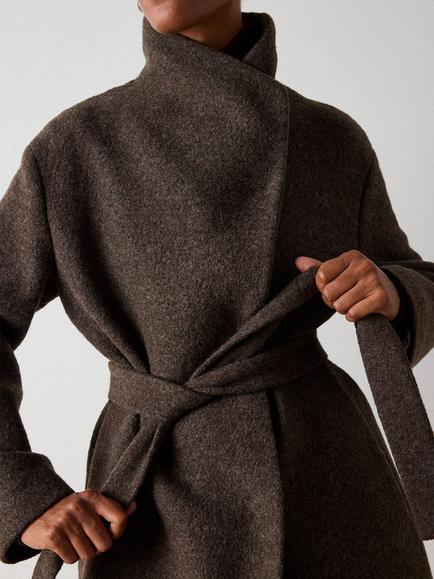 Whistles Petite Morgana Wool Funnel Neck Wrap Coat - view 2, Taupe