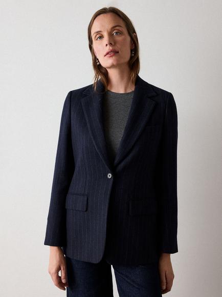 Whistles Pinstripe Wool Blend Blazer, Navy, Navy