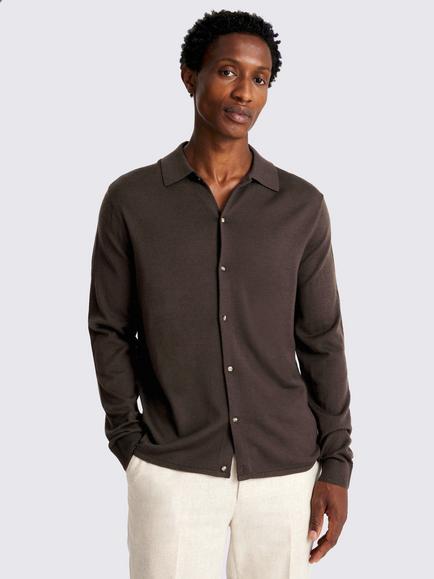 Moss Merino Wool Rich Regular Fit Knit Shirt, Brown, Brown