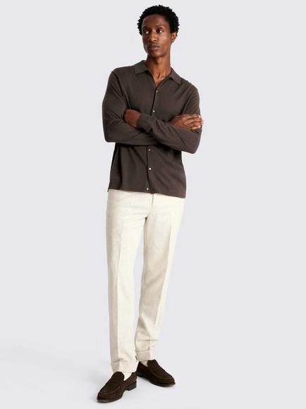 Moss Merino Wool Rich Regular Fit Knit Shirt, Brown - view 2, Brown