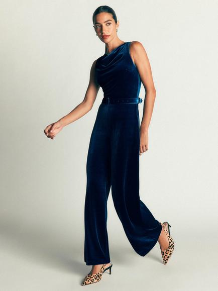 Boden Cowl Neck Velvet Jumpsuit, Deep Aurora Blue, Deep Aurora Blue