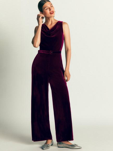 Boden Cowl Neck Velvet Jumpsuit, Dark Cherry, Dark Cherry