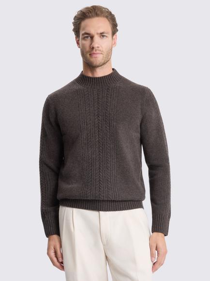 Moss Cable Knit Mock Neck Jumper, Brown, Brown